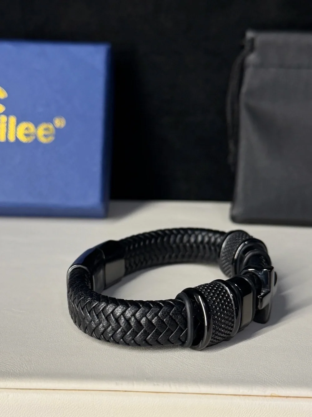 NIB Oaldilee Men's Braided Leather Joshua 1:9 Cross Bracelet